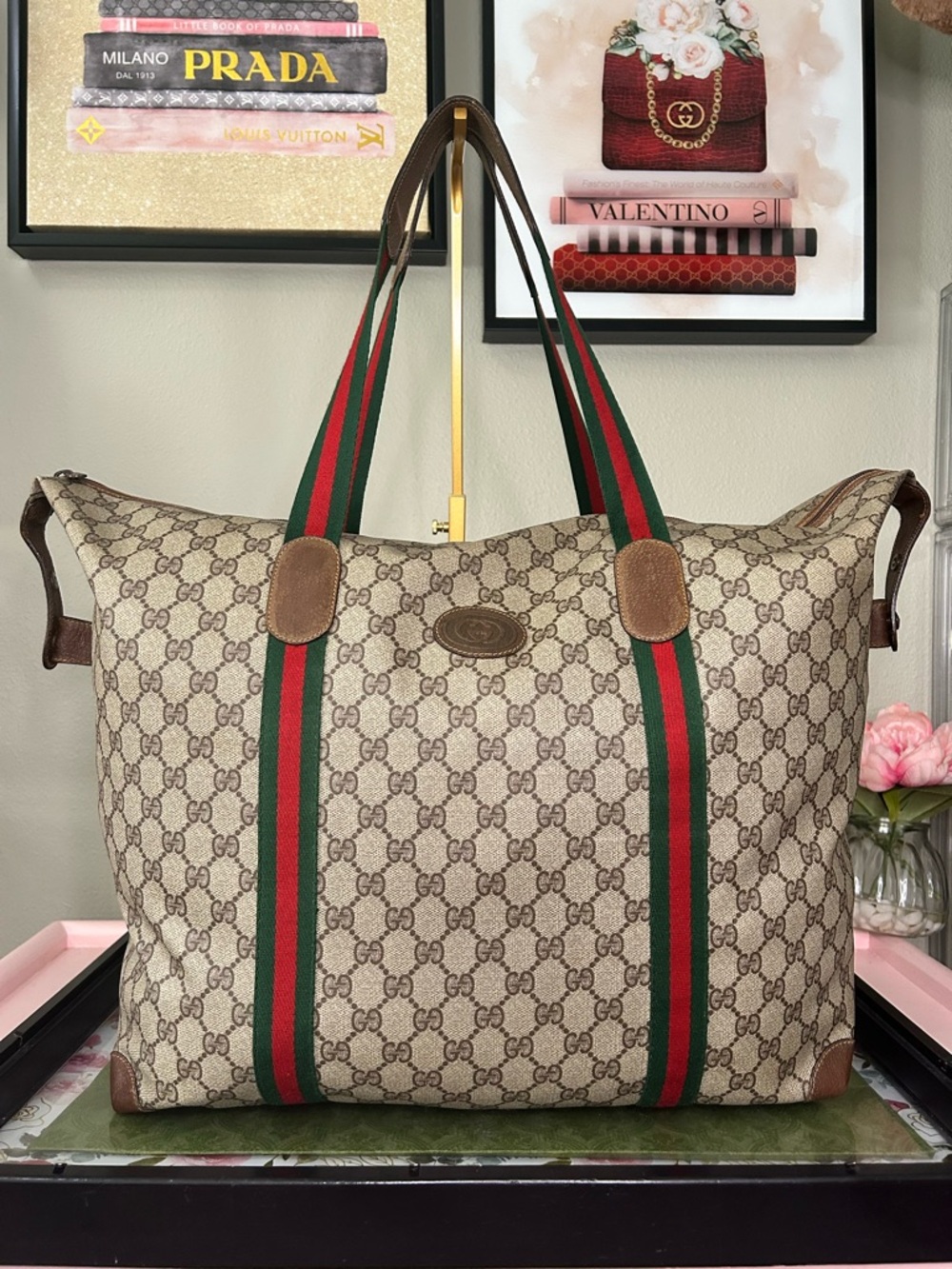 Vintage Gucci GG Supreme Sherry Line Web Stripe Tote- Large